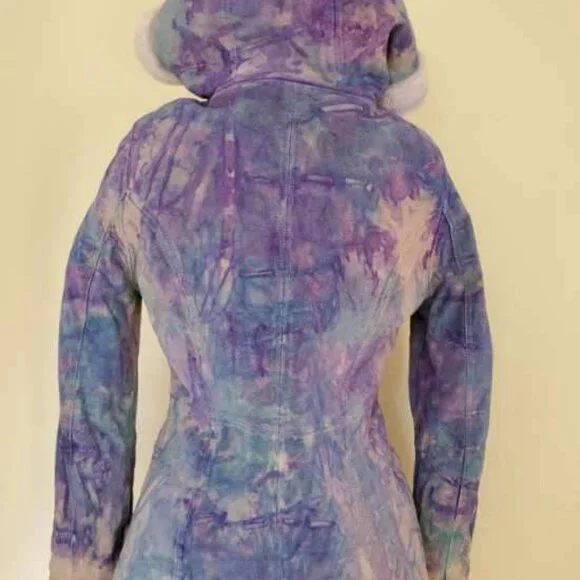 Suede leather tie dye jacket shearling boho Coat gray white pink purple blue med